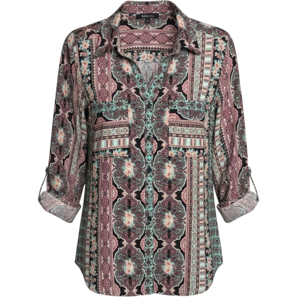 Relativity Women's Paisley Floral Button Down Shirt Teal Pink Black Size M